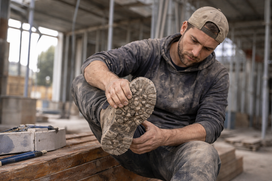 Ouvrier sur chantier regardant la semelle de ses chaussures de securite usees apres une longue journee de travail
